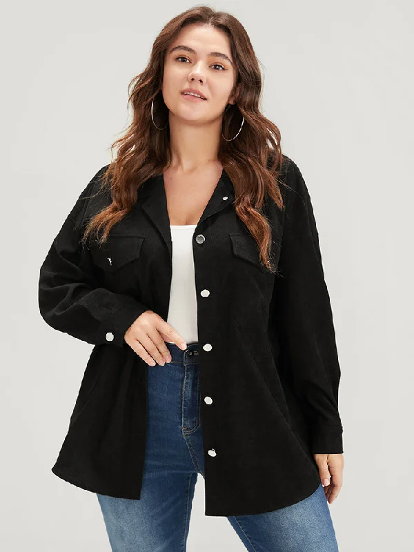 Plain Button Drop Shoulder Flap Pocket Corduroy Jacket