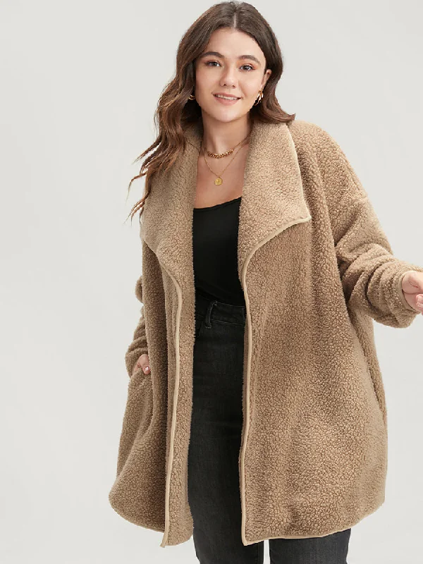 Solid Pocket Open Front Teddy Coat