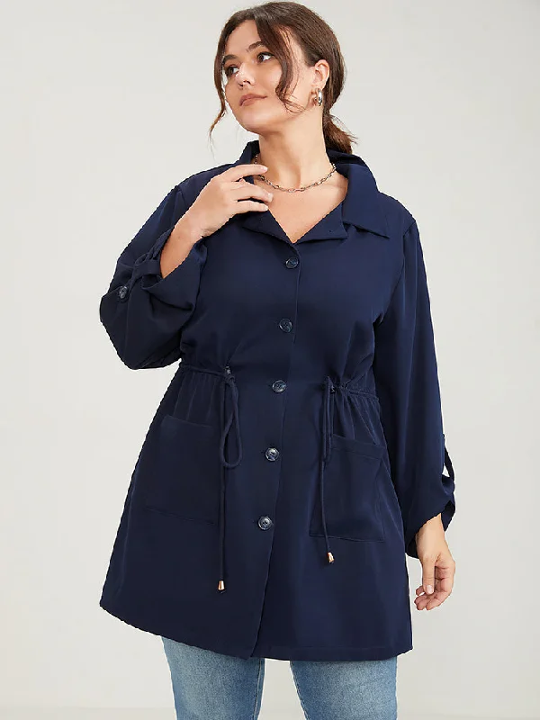 Solid Pocket Button Up Cuffed Sleeve Drawstring Coat