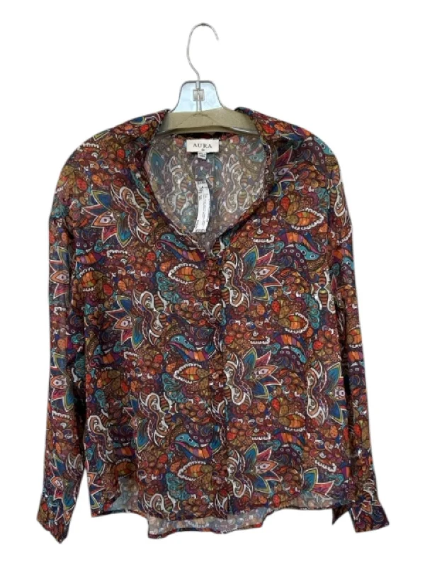 Aura Size XS Multi Polyester Flowers Button Down Long Sleeve Top