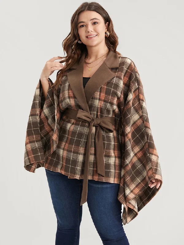 Plaid Contrast Suit Collar Dolman Sleeve Belted Coat