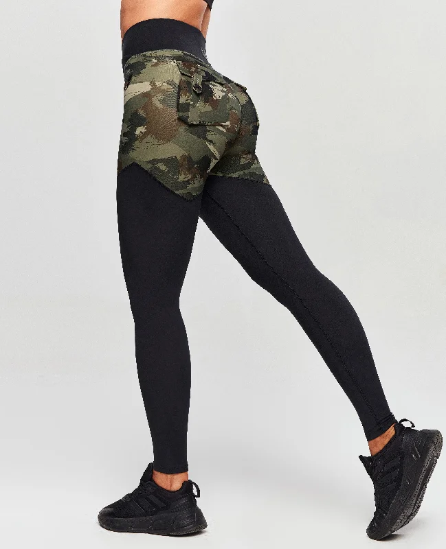 V-waist Gym Leggings - Abstract Camo and Black