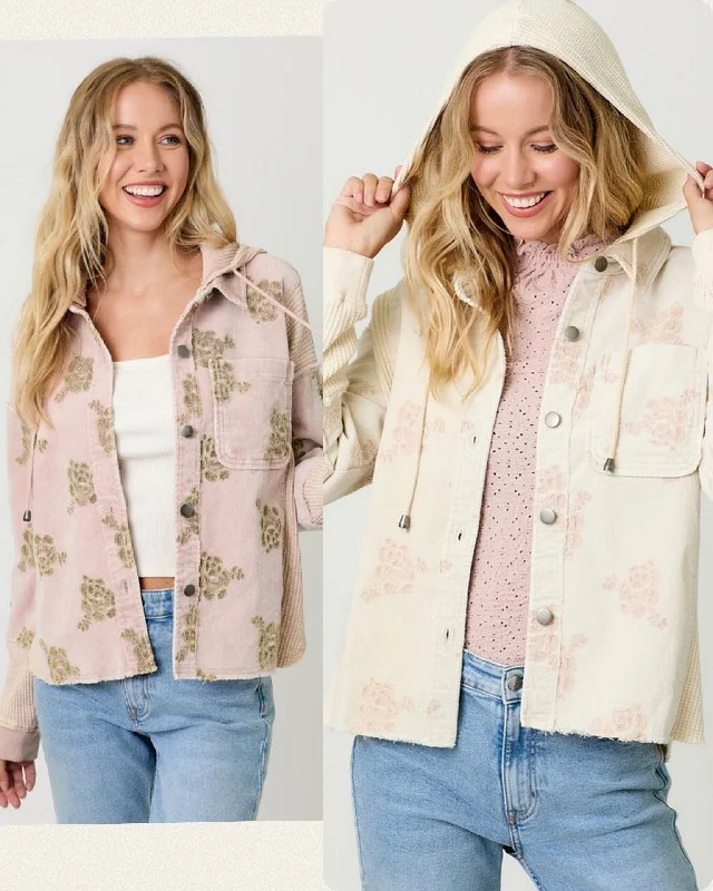 Flower Embroidery Hoodie Jacket -Washed Almond