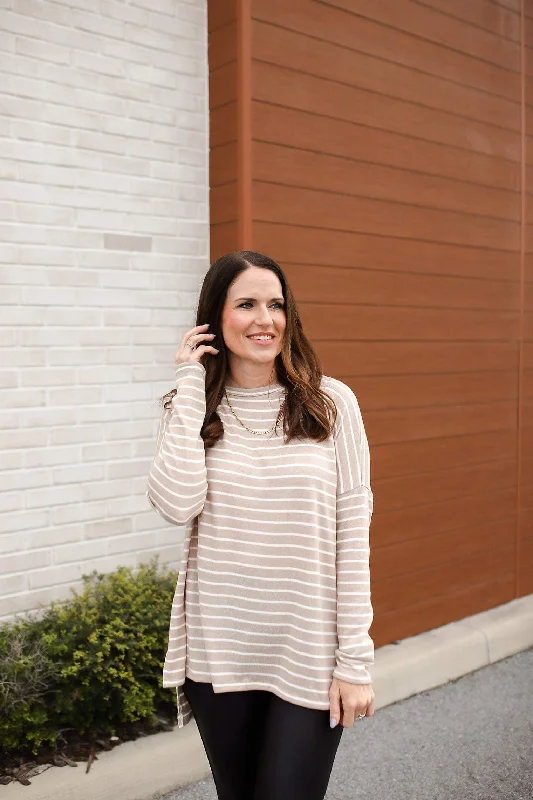 ASC Striped Hacci Tunic Top- Taupe/White