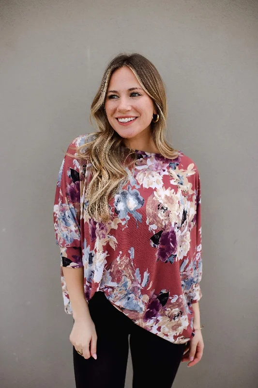 Float On Floral Top in Marsala