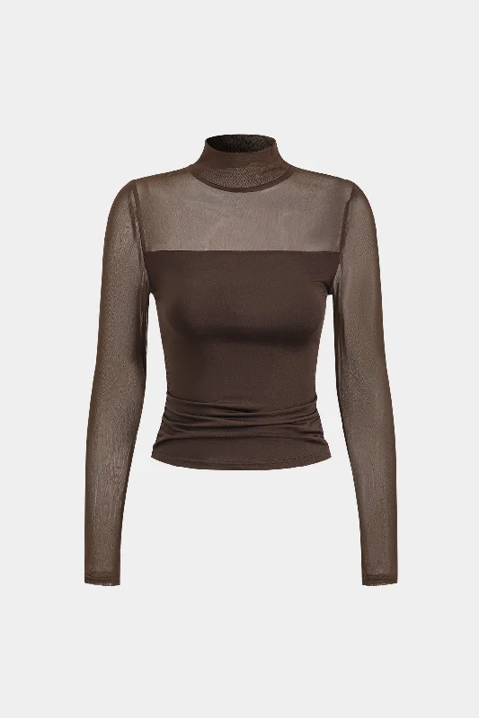 Mesh Patchwork Round Neck Long-Sleeve Top