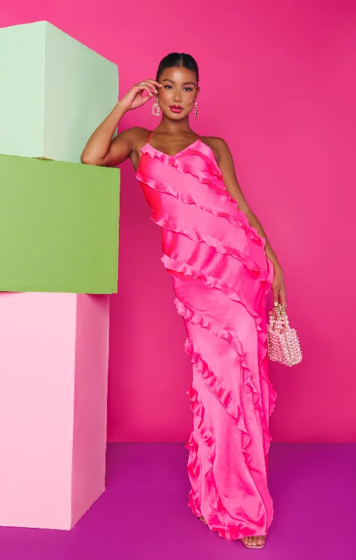 Romance Ruffle Dress ~ Vivid Pink Luxe Satin