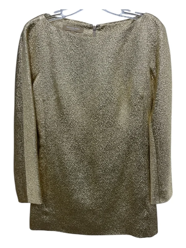 Michael Kors Size 4 Gold Silk Blend Back Zip Boat Neck Darted Long Sleeve Top