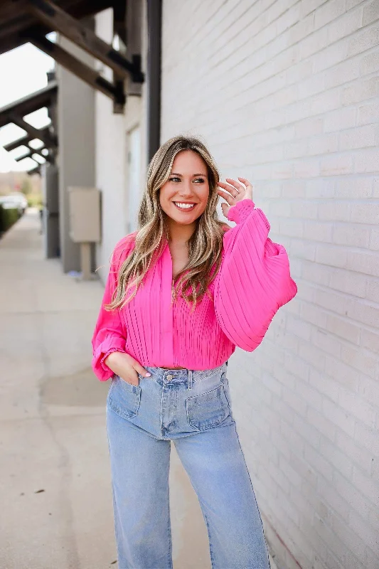 Elle Pleated Balloon Sleeve Blouse- Fuchsia