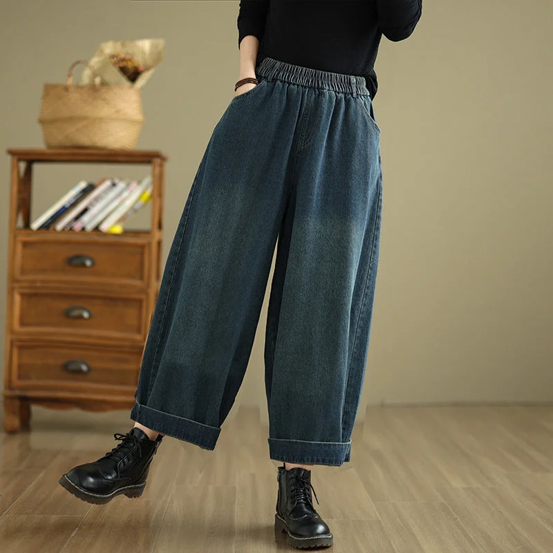 Women Winter Retro Casual Fleece-Lined Wide-Leg Denim Pants