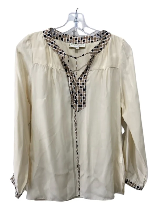 Britt Ryan Size XS Cream, Tan & Black Silk Satin Square Print Long Sleeve Top