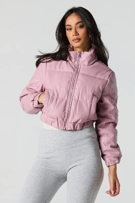 Faux Leather Cropped Puffer Jacket