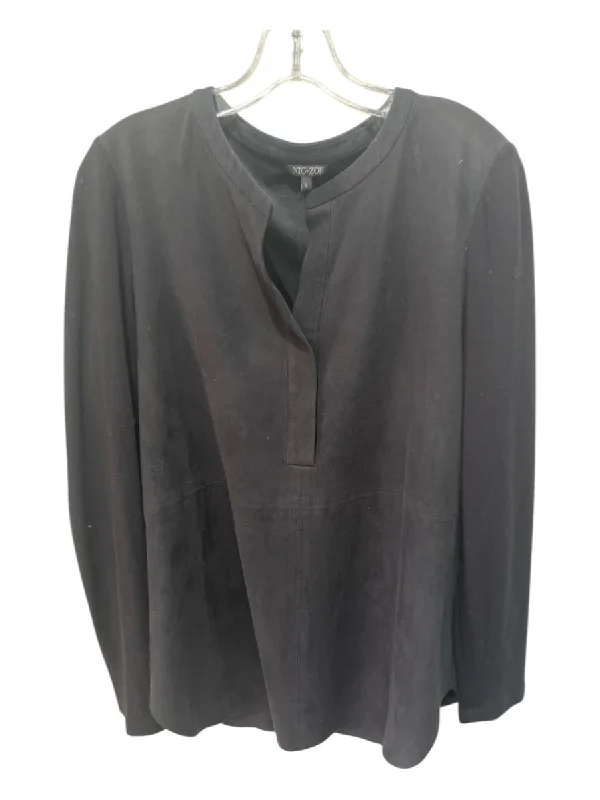 Nic + Zoe Size L Black Polyester Faux Suede V Neck Long Sleeve Top