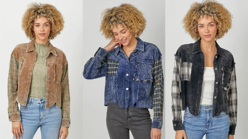 Plaid Distressed Bottom Corduroy Jacket - Assorted Colors