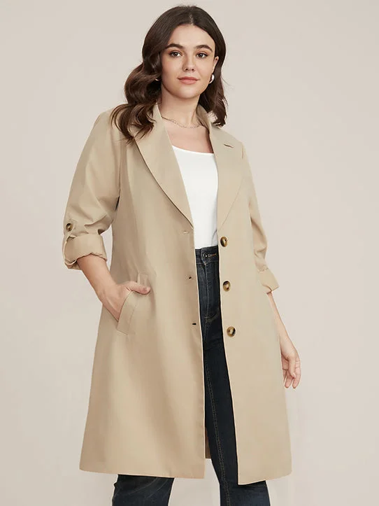 Solid Pocket Roll Sleeve Button Up Belted Coat