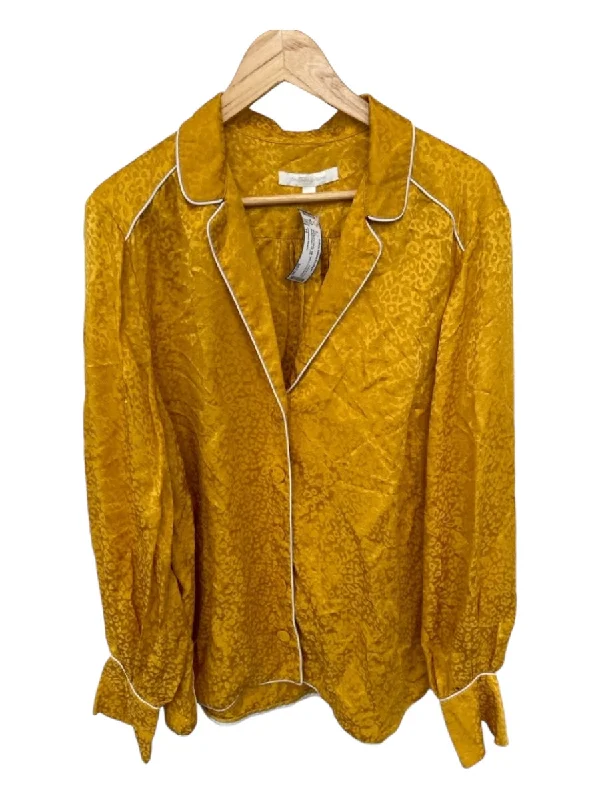 Jonathan Simkhai Size 16 Mustard & White Silk Blend Long Sleeve Button Down Top